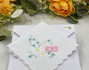 Daisies Handkerchief for Women - Personalized Monogrammed Handkerchief with Daisies - Embroidered Hankie with Initials, Birthday, Weddings