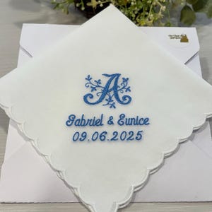 Something Blue Wedding Handkerchief for Bride, Personalized Monogrammed Handkerchief, Wedding Day Favor, Scallop Hankie, Lace Hankie