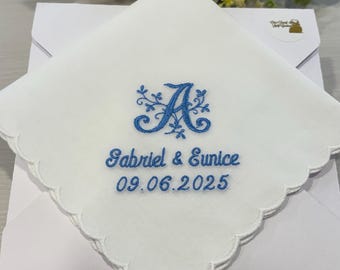 Something Blue Wedding Handkerchief for Bride, Personalized Monogrammed Handkerchief, Wedding Day Favor, Scallop Hankie, Lace Hankie