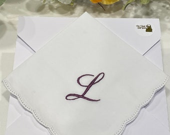 Monogrammed Handkerchief Gift, Embroidered Handkerchief, Eggplant Initial "L”, Ladies White Cotton Handkerchief