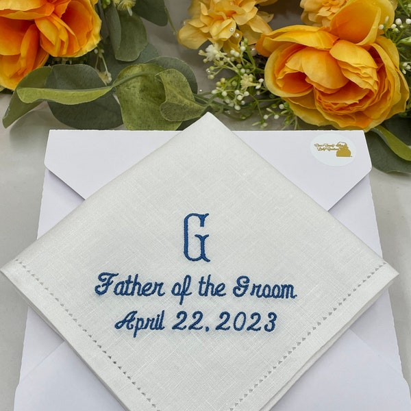 Father of the Bride Gift, Father of the Groom Gift, Embroidered Monogrammed Wedding Handkerchief - Linen Handkerchief - Gift for Dad