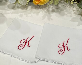 Monogrammed Handkerchief Gift, Embroidered Handkerchief, Red Initial "K”, Ladies White Cotton Handkerchief