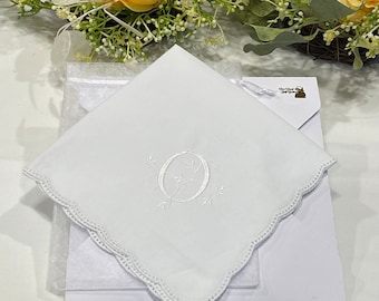 Monogrammed Handkerchief for Women, Embroidered Hankie,  White Monogram “O”, Ladies Lace Hankie