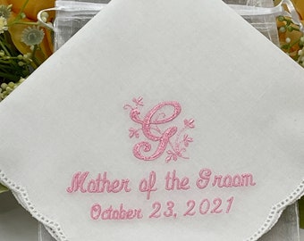 Mother of the Groom - Mother of the Bride Wedding Handkerchief - Gift - Embroidered Monogrammed Handkerchief - Lace Hankie