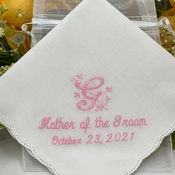 Mother of the Groom - Mother of the Bride Wedding Handkerchief - Gift - Embroidered Monogrammed Handkerchief - Lace Hankie