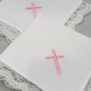 Embroidered Cross Handkerchief - Ladies Lace Handkerchief  Christening Baptism Gift for Girl