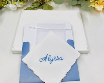 Personalized Gift Handkerchief Women, Embroidered Name Gift Handkerchief - Bridesmaids Gift, Birthday Gift, Wedding Gift, White Cotton