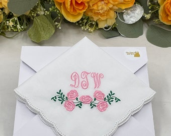 Personalized Handkerchiefs, Cotton Embroidered Handkerchief, Monogrammed Handkerchief Women, Roses, Flowers