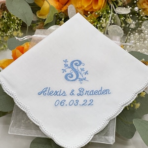 Something Blue Wedding Handkerchief for Bride, Personalized Monogrammed Handkerchief, Wedding Day Favor