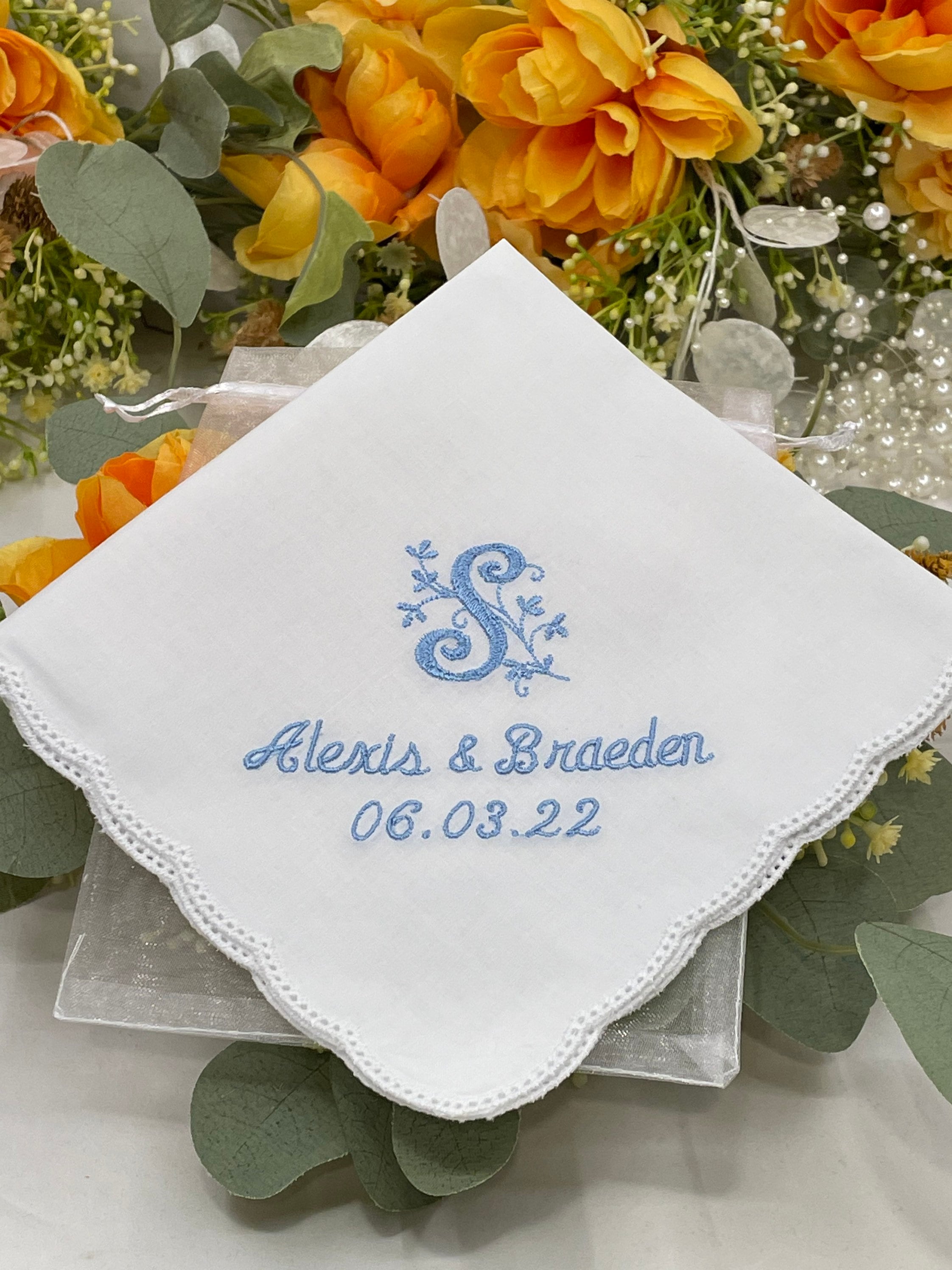 Something Blue Wedding Handkerchief for Bride, Personalized Monogrammed Handkerchief, Wedding Day Favor