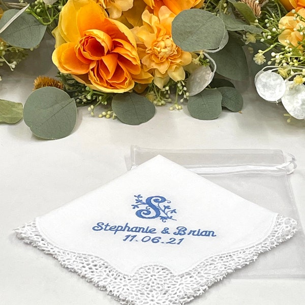 Bridal Handkerchief - Something Blue - Lace Wedding Handkerchief for Bride - Monogrammed Handkerchief - Embroidered Handkerchief