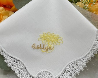 Personalized Name Gift, Embroidered Gift Handkerchief, Monogrammed Gift Handkerchief - Sunflowers Gift - White Lace Handkerchief