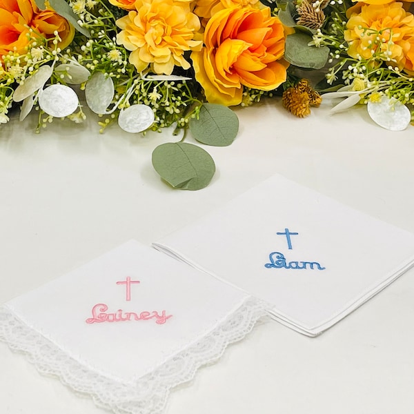 Dainty Baptism Gift for Girl - Communion Gift - Embroidered Handkerchief - Lace Hankie - Personalized Hanky - Lace Handkerchief