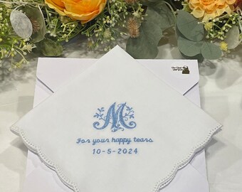 For your happy tears Gift Handkerchief, Beautiful White Wedding Handkerchief, Bridal Handkerchief Gift, Embroidered Monogram Handkerchief