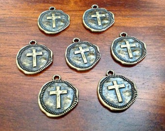 Cross with wax seal 10 Light Gold Coin Relic Charm Pendants round 22mm chg0589