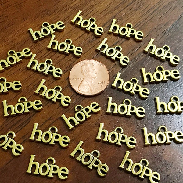 40pcs, Hope Charms, Antique Gold Charms, Gold Hope Charms, Cancer Awareness Charms, Hope Ribbon Charms, Word Hope Charms, Faith, Findings