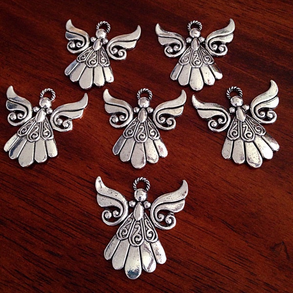 10 Large Angel Charms, Antique Silver Charms, Silver Angel Pendants, Large Angel Pendants, Christian Charms, Angel Pendants, Findings