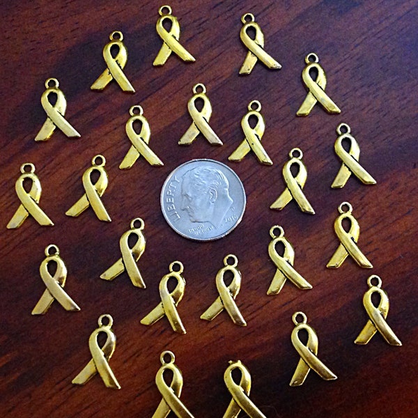 Bulk 50 Tiny Ribbon Charms, Antique Gold Charms, Ribbon Charms, Hope Ribbon Charms, Awareness Charms, Jewelry and Craft Supplies, Findings