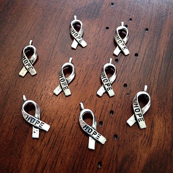 Bulk 50, Hope Ribbon Charms, Silver Ribbon Charms, Cancer Awareness Charms, Hope Ribbon Charms, Jewelry and Craft Supplies, Findings