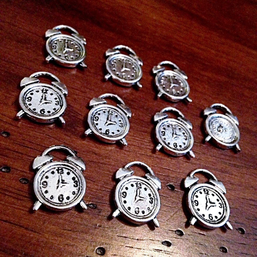 Bulk 25 Clock Charms, Antique Silver Charms, Silver Clock Charms Almarm