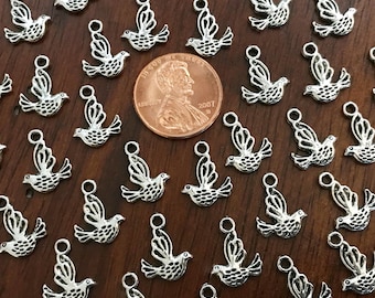 40 Dove Charms, Dove with Olive Branch Charms, Bird Charms, 2-Sided Dove Charms, Dove of Peace Charms, Antique Silver Dove, Charms, Findings