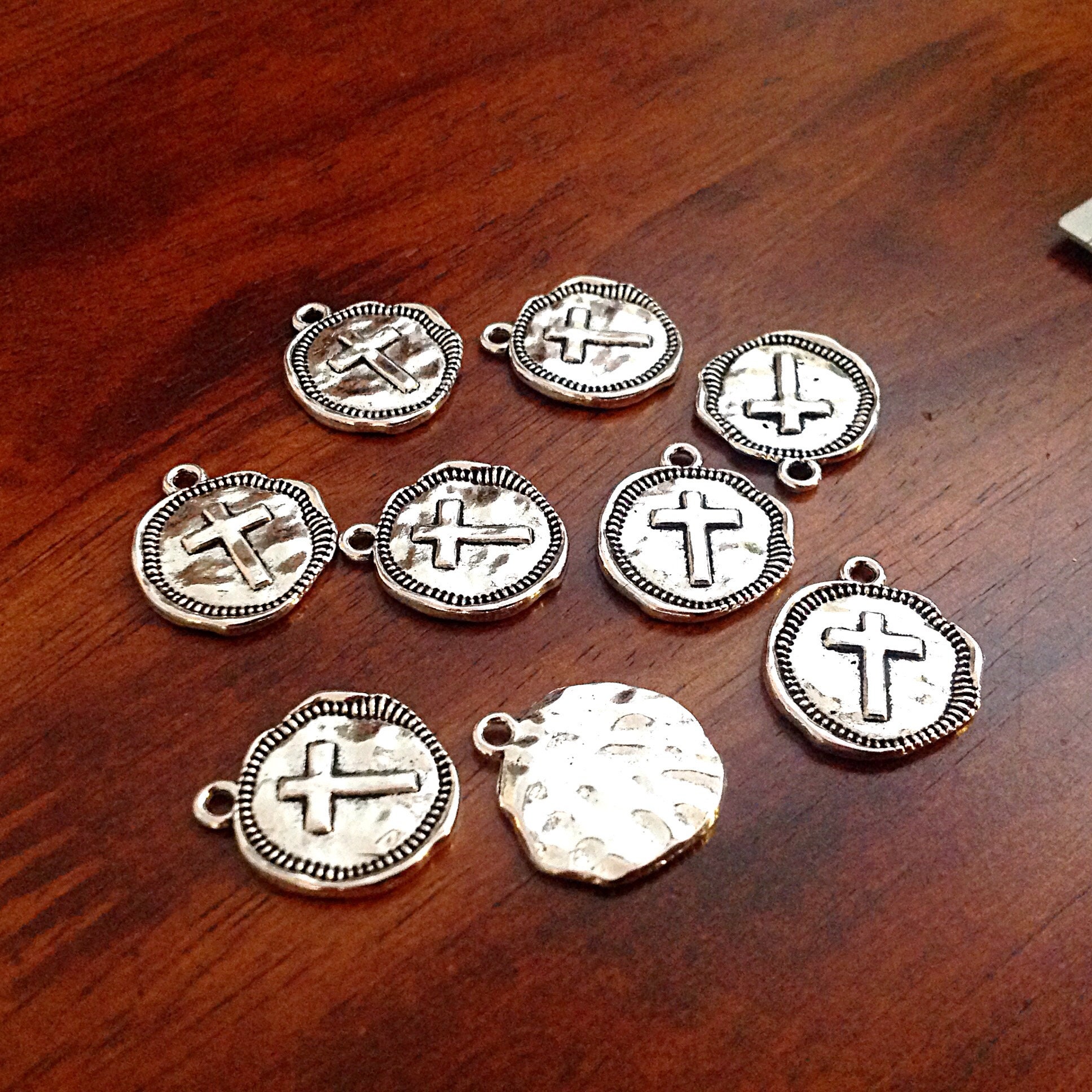 Silver Cross Charms Small Round Flat Disc With Cutout Cross 17mm