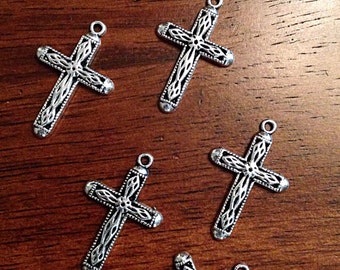 10 Antique Silver Charms, Silver Cross Charms, Jewelry Charms, Craft Supplies, Jewelry Supplies, Alloy Metal, Loose Charm, Findings