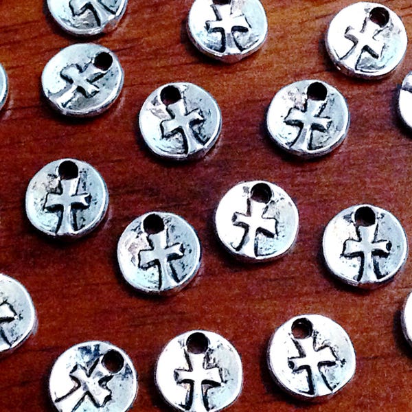 50pcs, Silver Cross Charm, Round Cross Charms, Hammered Cross Charms, Tiny Cross Charms, Double Sided Cross, Coin Cross Charms, Findings