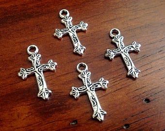 15 Silver Cross Charms, Antique Silver Charms, Cross Charms, Rosary Cross Charms, Double Sided Cross Charms, Fancy Cross Charms, Findings