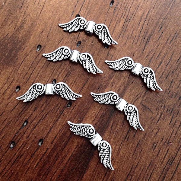 Bulk 25 Angel Wing Charms, Antique Silver Charms, Silver Wing Charms, Findings, Connector Charms, Double Sided, Craft and Jewelry Supplies