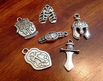 50 sets, Armor of God Charm Sets, Full Armor Of God Charms, 50 each of the Belt, Shield, Breastplate, Helmet, Sword, Shoes