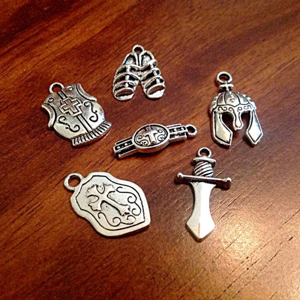 10 sets, Armor of God Charm Sets, Full Armor Of God Charms, 10 pieces each of the Belt, Shield, Breastplate, Helmet, Sword, Shoes