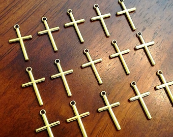 Bulk 25 Gold Cross Charms, Antique Gold Cross Charm, Crucifix Charms, Thin Cross Charms, Gold Cross Pendants, Findings and Jewelry Supplies