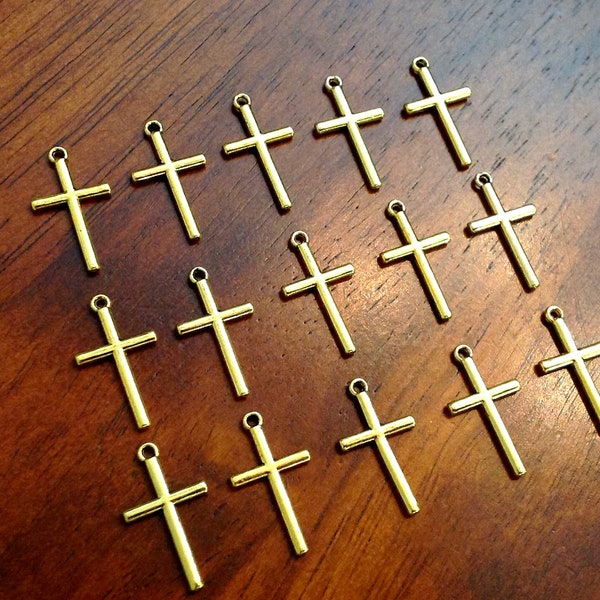 Bulk 25 Gold Cross Charms, Antique Gold Cross Charm, Crucifix Charms, Thin Cross Charms, Gold Cross Pendants, Findings and Jewelry Supplies