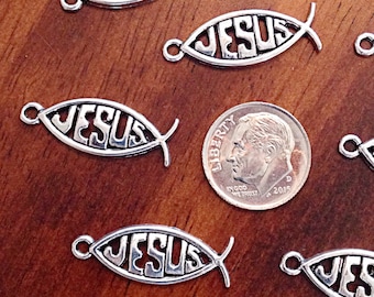 Bulk 25 Jesus Charms, Antique Silver Charms, Silver Fish Charms, Jesus Charms, Ribbon Charms, Faith Charms, Findings and Jewelry Supplies