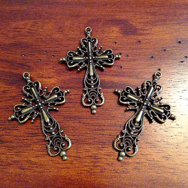 4 Large Bronze Cross Pendants, Antique Bronze Cross, Large Cross Charms, Cross Pendants, Jewelry and Crafts Supplies, Findings