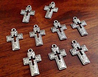 25pcs Cross Charms, Antique Silver Charms, Inside Cross, Hollow Cross, Fancy Cross Charms, Silver Cross Charms, Double Sided Cross, Findings