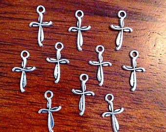 50 Silver Cross Charms, Antique Silver Charms, Cross Charms, Rosary Cross Charms, Double Sided Cross Charms, Tiny Cross Charms,  Findings