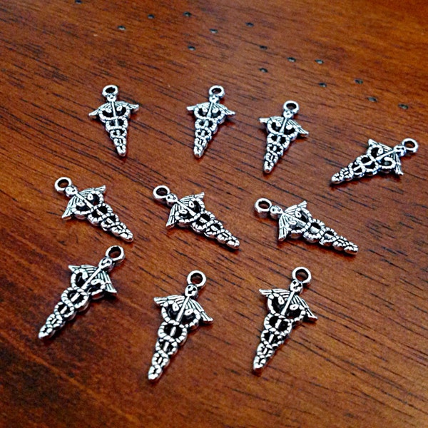 40pcs, Caduceus Charms, Antique Silver Charms, Nurse Charms, Nursing Charms, Caduceus Medical Symbol Charms, Double Sided Caduceus, Findings