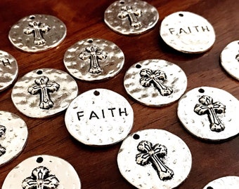 5pcs, Large Faith Charms, Round Faith Charms, Antique Silver Cross Charms, Round Cross Charms, Hammered Cross Pendants, Disc Cross, Findings