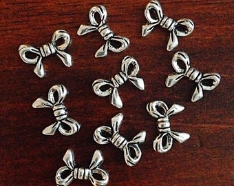 Bulk 25 Bow Charms, Antique Silver Charms, Silver Bows, Findings, Connector Charms, Double Sided Bow Charms, Craft and Jewelry Supplies