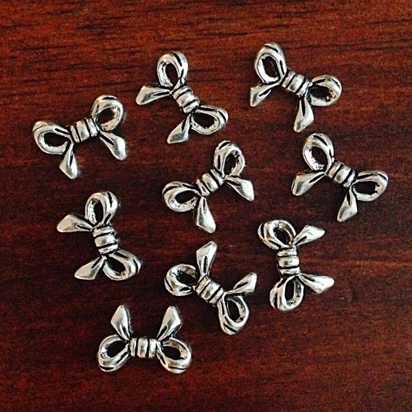 Bulk 25 Bow Charms, Antique Silver Charms, Silver Bows, Findings, Connector Charms, Double Sided Bow Charms, Craft and Jewelry Supplies