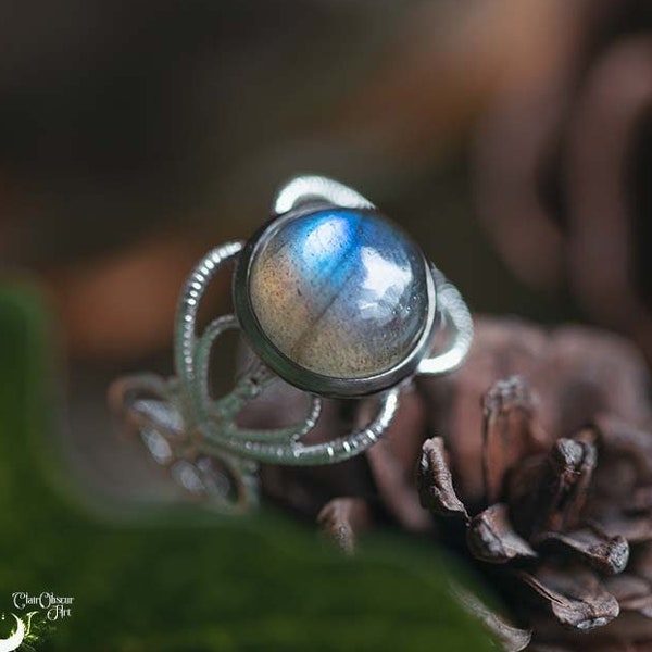 Bague Elfique Labradorite "Elwing" laiton argenté ajustable