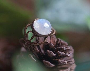 Bague Elfique Pierre de lune Arc-en-Ciel, ajustable