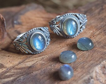 Anello labradorite in argento 925 "Cigno" regolabile