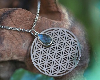Labradorite Flower Of Life Necklace. Stainless Steel and 925 Silver
