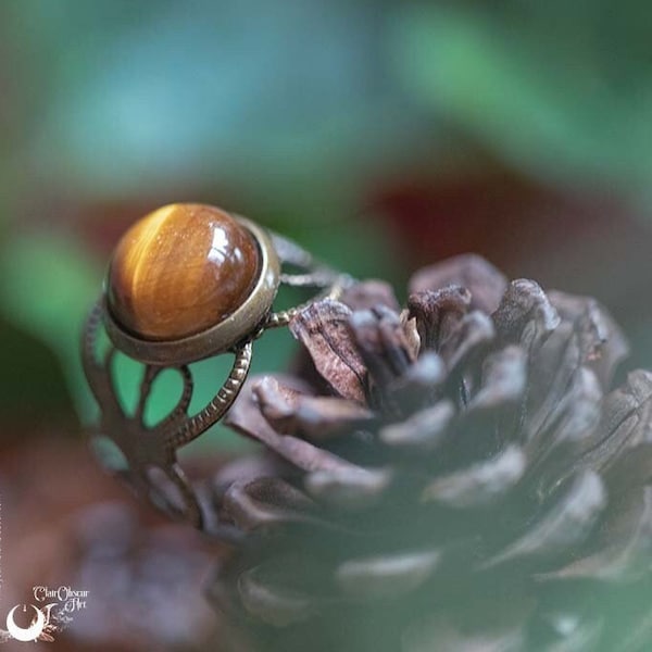 Bague Elfique Oeil de Tigre "Elwing", bijou fantaisie ajustable