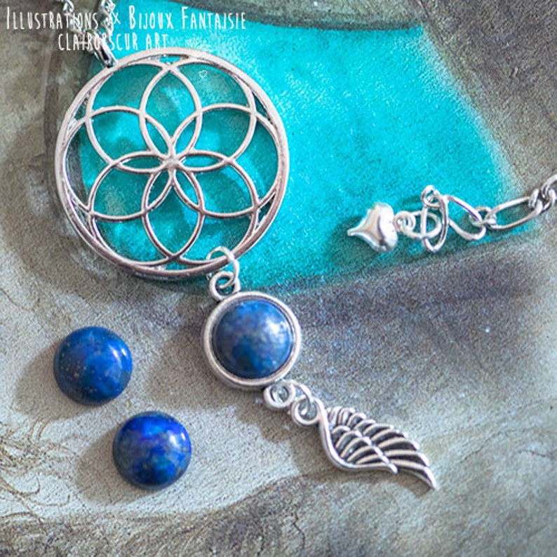 breloque au choix Collier Lapis Lazuli Fleur de vie pierre naturelle