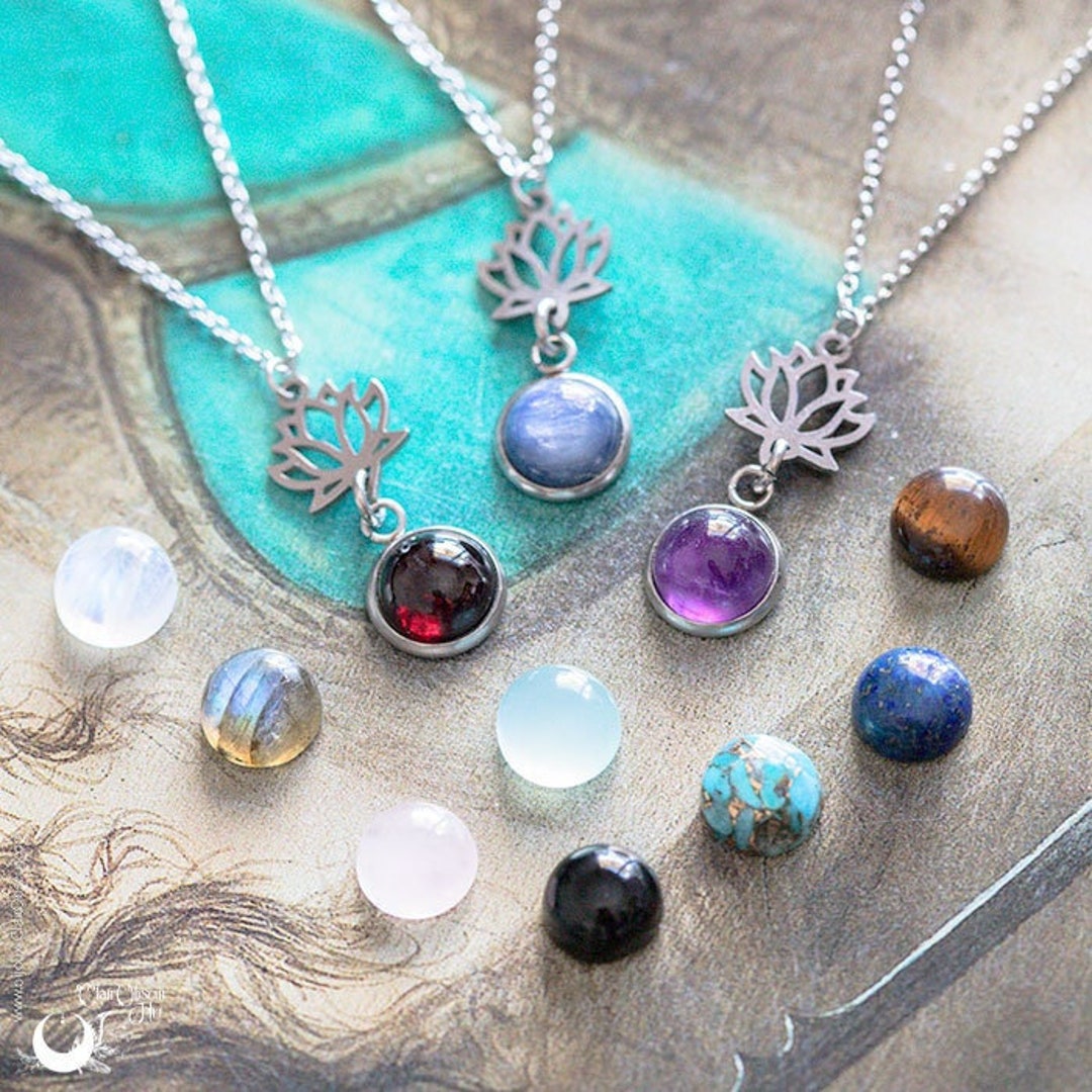 lotus” Necklace, Stone of Your Choice, in Stainless Steel - Etsy lotus” Necklace, Stone of Your Choice, in Stainless Steel - Etsy
