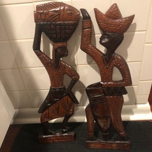 Vintage Hand-Carved Pair of African Wood Plaques/Woman and Man/Free Shipping!
